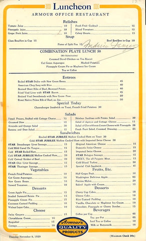 Amour Office Restaurant. Luncheon Menu. [Chicago]: Nov.. 9, 1939.