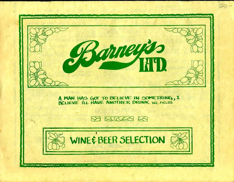 (Menu) Barney's Ltd. Rest. & Pub Menu, & Wine & Beer Selection. Pasadena, CA. [ca, 1970's].