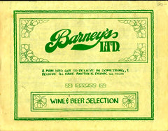 Barney's Ltd.  Restaurant & Pub Menu. With, Wine & Beer Selection. Pasadena, CA. N.d., (ca, 1970's). 