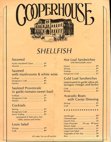 (Menu) Cooper House. Shellfish and Wine List. [ca. late 1970's].