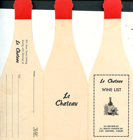 (Die-Cut Menu) Le Chateau Wine List. San Rafael, CA. [ca. 1950's].