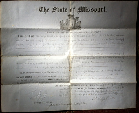(Signed!)  Antique Document, Register of Lands, signed by Gov. Sterling Price of Missouri.  [November 18, 1854].