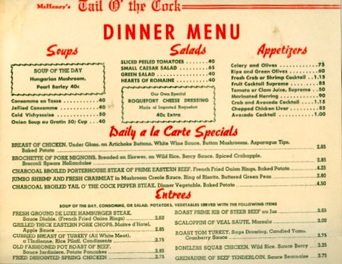 (Menu)  {Los Angeles}  McHenry's Tail o' the Cock.  Dinner Menu, June 18, 1955.