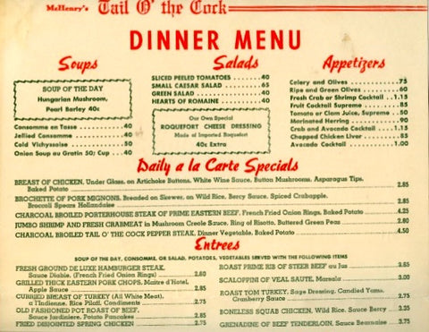 (Menu)  {Los Angeles}  McHenry's Tail o' the Cock.  Dinner Menu, June 18, 1955.